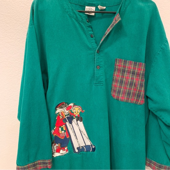 Vtg 1993 Looney Tunes Green Flannel Plaid Sleep Pajama Night Shirt Oversized M - Picture 3 of 13